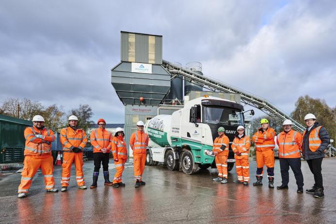 The new iONTRON electric truckmixer at Aggregate Industries’ Coleshill Readymix plant in Birmingham