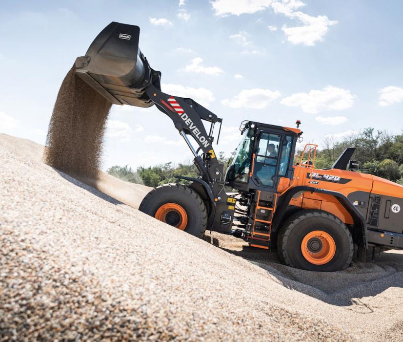 The Develon DL420CVT-7 wheel loader features a fuel-saving continuously variable transmission system 