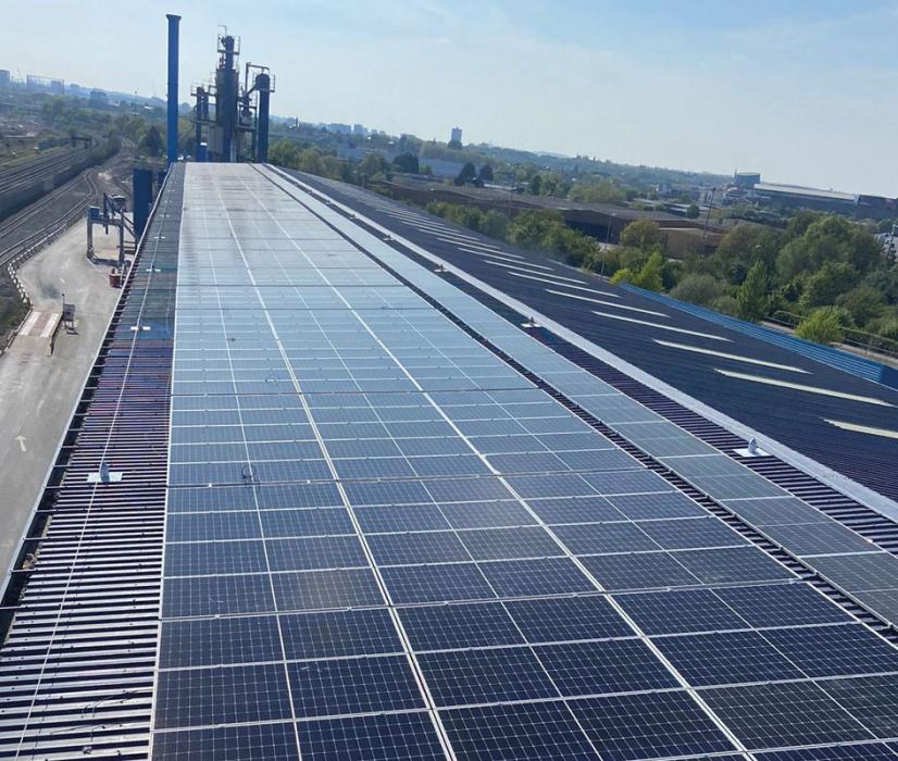 Solar panels on the roof of Tarmac’s Washwood Heath asphalt plant, in Birmingham