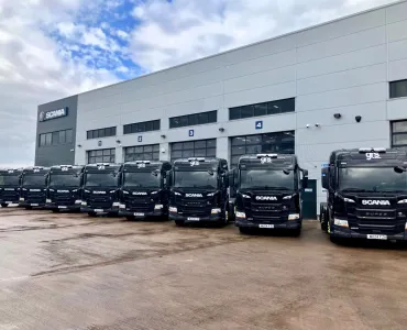 The eight new Scania ‘Super’ tractor units in GRS livery outside Scania GB’s south-west headquarters in Bridgwater