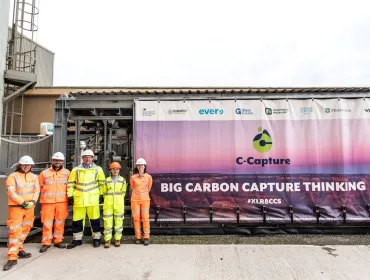 A new carbon capture trial has been launched at Heidelberg Materials’ Ketton cement works in Rutland using C-Capture’s low-cost, next-generation carbon capture technology. Pictured (L-R): Marian Garfield, sustainability director, Heidelberg Materials UK; Elliot Wellbelove, innovation carbon manager, Heidelberg Materials UK; C-Capture CEO Tom White; C-Capture process engineer Clàudia Hernández; and Rachel Morse, sustainability graduate, Heidelberg Materials UK 