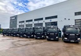 The eight new Scania ‘Super’ tractor units in GRS livery outside Scania GB’s south-west headquarters in Bridgwater
