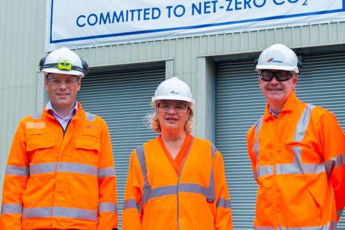 Mexican Ambassador to the UK H.E. Josefa González Blanco Ortiz Mena (centre) with Phil Baynes-Clarke, director of cement operations for the UK (left of photo), and Martin Casey, director of public affairs and social impact Europe (right of photo)