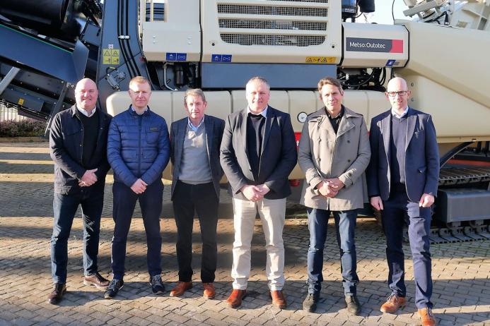 Metso Outotec officials Adam Benn (left) and Anthony Bouvié (second right) pictured with a group of McHale Plant Sales officials during a visit to their Dublin base ahead of the announcement by Metso Outotec to extend their distribution remit to include England, Scotland and Wales. Pictured with them are (left to right) Darragh O Driscoll (head of business development), Tim Shanahan (director), Denis McGrath (sales director) and Anthony Ryan (after-sales director) 