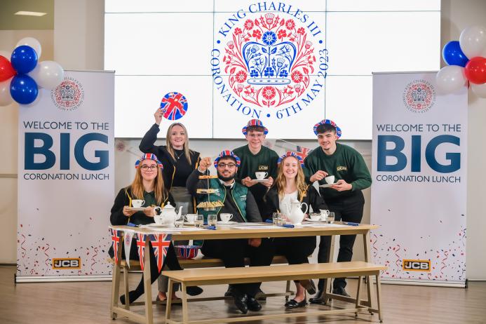 Gearing up for the JCB Big Coronation Lunch are Ella Taylor, Libby Hodge, Qazi Mustafa, Jimmy Hopkinson, Rebecca Brooks and Sean Tucker