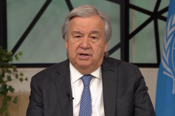 UN Secretary General António Guterres speaking to the GCCA conference via video
