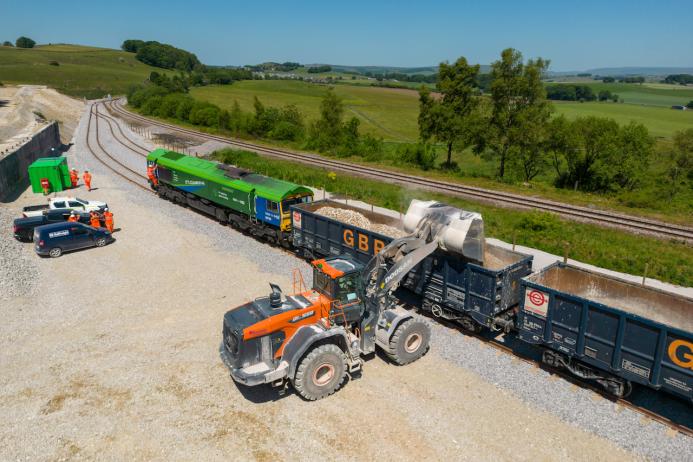 The first train loading at the new rail sidings at Tarmac’s Hillhead Quarry, near Buxton