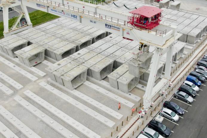 HS2’s precast viaduct segment yard and gantry crane at Kingsbury