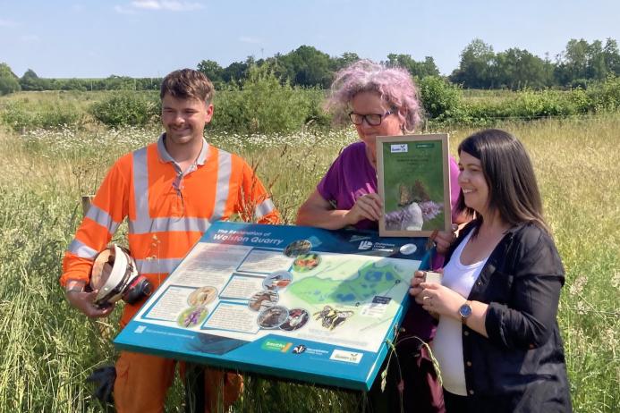 Quarry Life Award winners Lucy Hawker from Dunsmore Living Landscapes, a Warwickshire Wildlife Trust-led project, and teacher Hannah Griffith from St Margaret’s Primary School, Wolston, pictured with Smiths quarry manager Stuart Parker, who helped their ‘Quarry Life Trail’ vision come to life at Wolston Fields Quarry