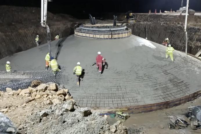 Aggregate Industries supplied and poured the 750 cubic metre concrete requirement for each of the eight wind turbine bases at a rate of approximately one per week