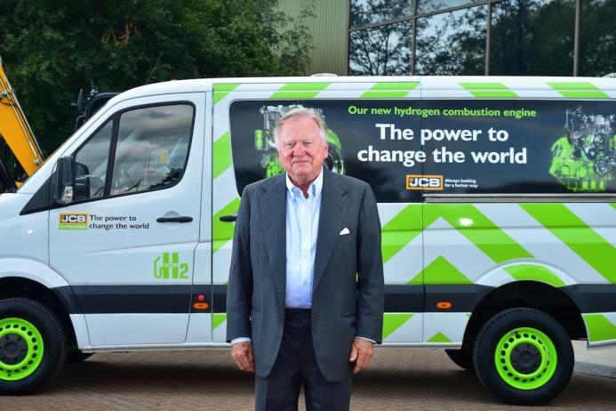 JCB chairman Anthony Bamford, who is leading the company’s £100 million hydrogen engine project, with the hydrogen-powered Mercedes Sprinter van