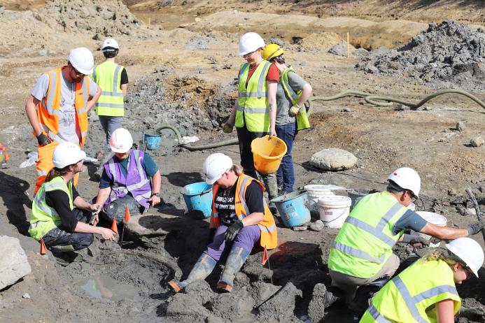 Palaeontologists excavating a mammoth tusk found at a Hills Quarry Products site near Swindon