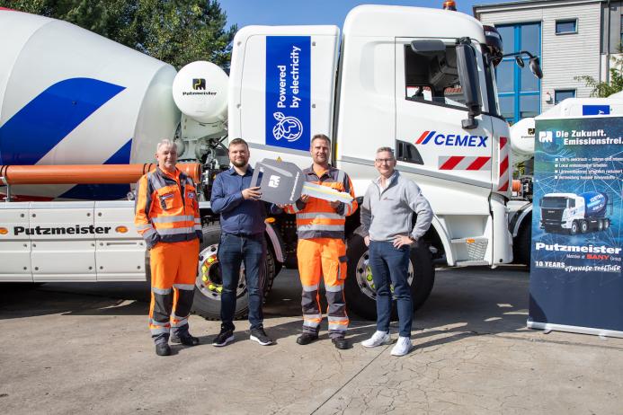 Cemex received their two all-electric iONTRON eMixer trucks at construction equipment manufacturer Putzmeister’s site in Wandlitz, Brandenburg, Germany. Photo: Mehdi Bahmed – Concept Photography Berlin