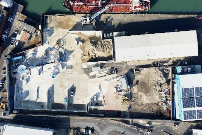 Aerial view of Brett Aggregates’ newly opened deep-water wharf in Portsmouth