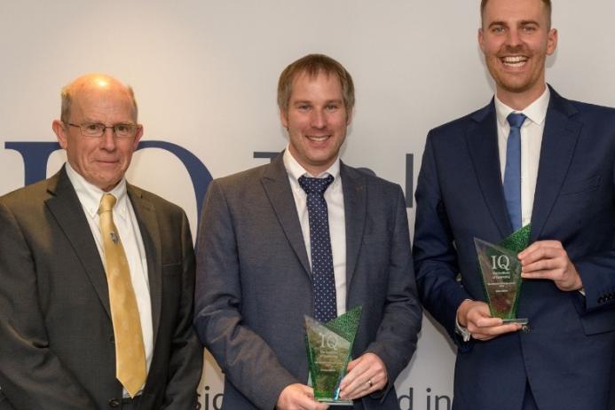 L-R: IQ Council member Steve Cole with Emerald Challenge winners Thomas Clifford, director of GEARS Ltd, and Oliver Kibble, quarry development Manager at Tarmac