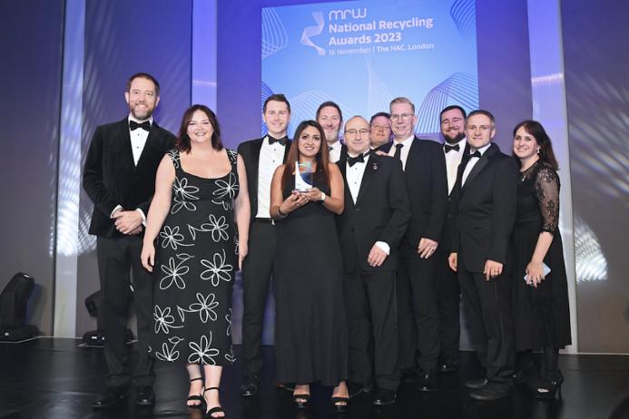 L–R: Alun Cochrane (event host and comedian), Jenny Barrett (Arco), Alex Ward (Arco), Dalvir Sarkaria (Arco), John Twitchen (Stuff4Life), Miles Watkins (Stuff4Life), Jim Harbidge (Arco), Paul Foord (Arco), Thomas Mulholland (Balfour Beatty), Lukas Seruset Borgstrom (Wincanton), and Natalie Thomas (Wincanton)