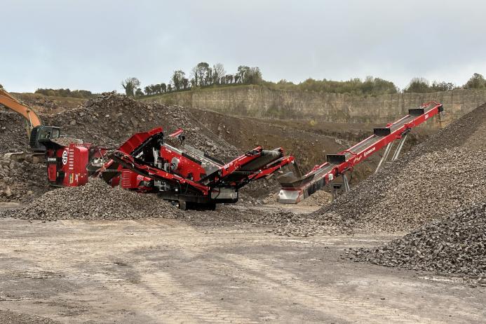 A Screencore XJ jaw crusher , Trident 124 scalper and 380DD stacker conveyor production train