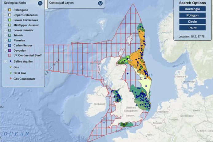 CO2 Stored map showing carbon dioxide storage units offshore UK. Image: BGS