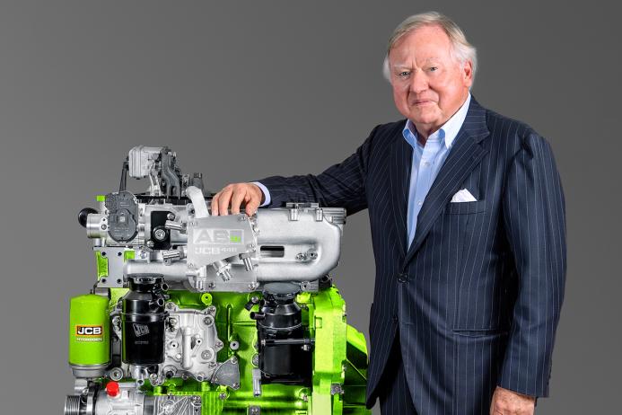 JCB chairman Anthony Bamford with one of the company’s hydrogen combustion engines