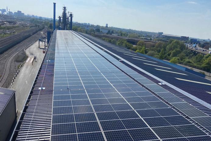 Solar panels on the roof of Tarmac’s Washwood Heath asphalt plant, in Birmingham