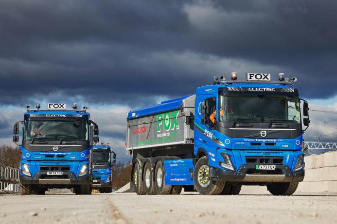 Fox Group are taking delivery of three new Volvo FMX Electric 8x4 Tridem tippers – to be followed shortly by an FH Electric 6x2 tractor unit