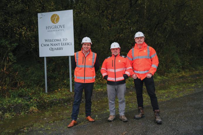 L-R: Ben Francis, director of Hygrove Group; Allister Williams, quarry manager at Cwm Nant Lleici; and Dale Owen, weighbridge manager