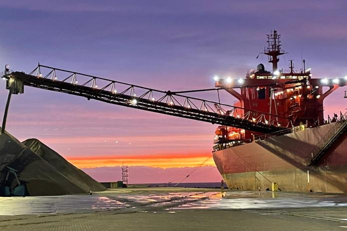 The 55,000-tonne ‘Yeoman Bridge’ self-discharging bulk carrier unloading material from Glensanda at Great Yarmouth