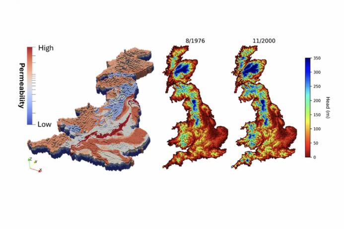 Hydrological parameterization (left) and simulated groundwater heads (right). Image: BGS