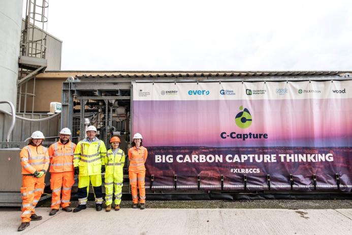 A new carbon capture trial has been launched at Heidelberg Materials’ Ketton cement works in Rutland using C-Capture’s low-cost, next-generation carbon capture technology. Pictured (L-R): Marian Garfield, sustainability director, Heidelberg Materials UK; Elliot Wellbelove, innovation carbon manager, Heidelberg Materials UK; C-Capture CEO Tom White; C-Capture process engineer Clàudia Hernández; and Rachel Morse, sustainability graduate, Heidelberg Materials UK 