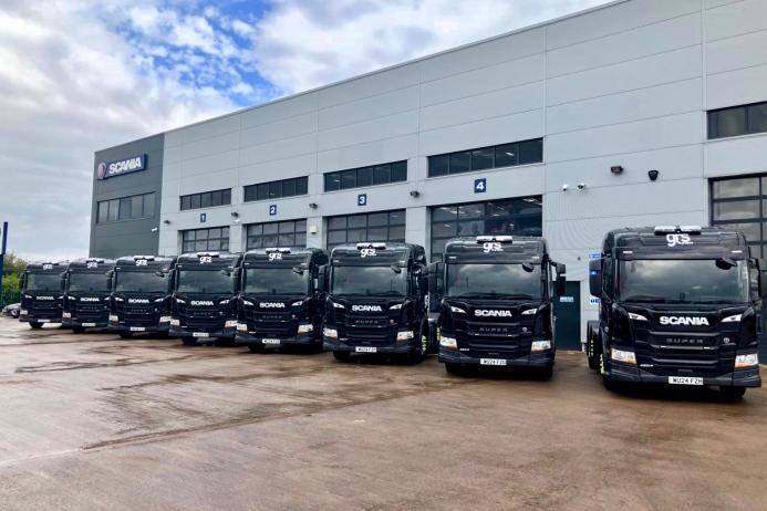 The eight new Scania ‘Super’ tractor units in GRS livery outside Scania GB’s south-west headquarters in Bridgwater