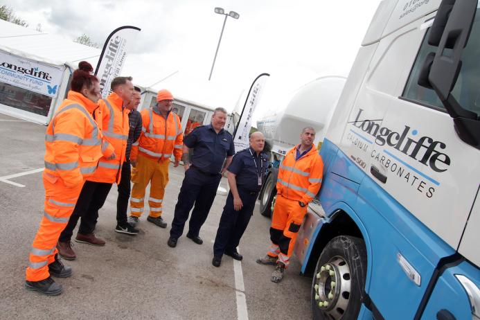 L–R: Amy Robinson, Longcliffe HGV driver; James Hopkinson, Longcliffe head of transport; Steve Bennett, director, Central Construction Services; Craig Torr, Longcliffe HGV driver; Inspector Richard Wenham, Metropolitan Police; Sergeant Rob Beckers, Metropolitan Police; and Paul Upton, Ben Bennetts HGV driver