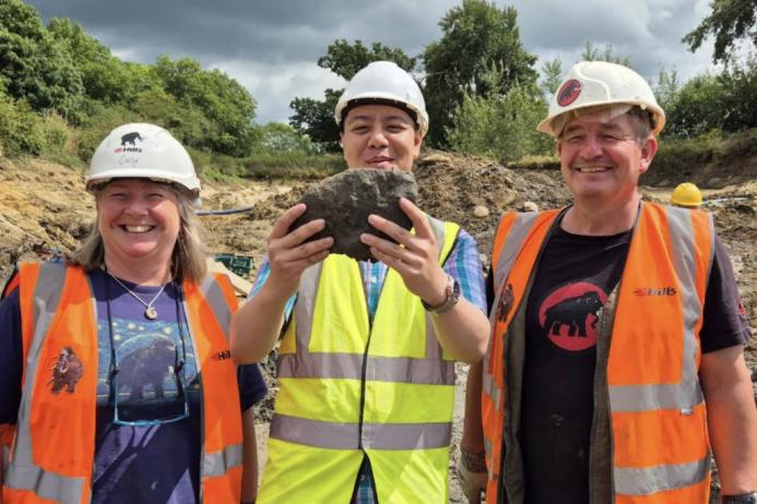 L-R: Sally Hollingworth, Dr Stephen Zhang, University of Bristol, and Dr Neville Hollingworth celebrate the discovery of a mammoth tooth