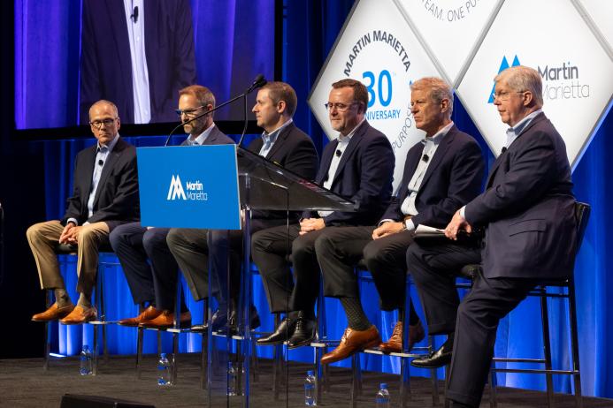 Martin Marietta chairman and CEO Ward Nye (right) fields questions about the past, present and future of the company along with division presidents (L–R) Ron Kopplin, Bill Podrazik, Chris Samborski, Kirk Light, and Abbott Lawrence