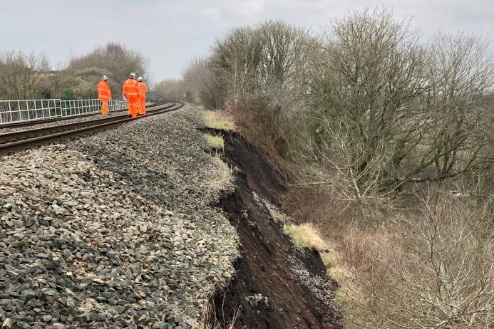Network Rail engineers inspecting the Telford landslip near Oakengates. Image: Network Rail