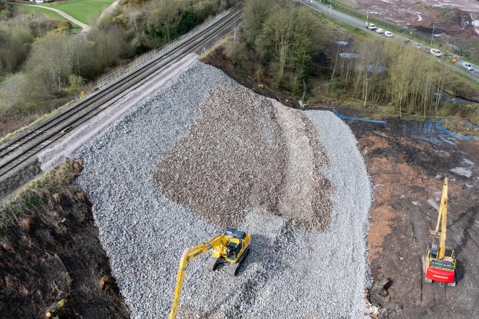 Aggregate Industries supplied 20,000 tonnes of stone from Bardon Hill Quarry to restore the Telford embankment. Image: Network Rail
