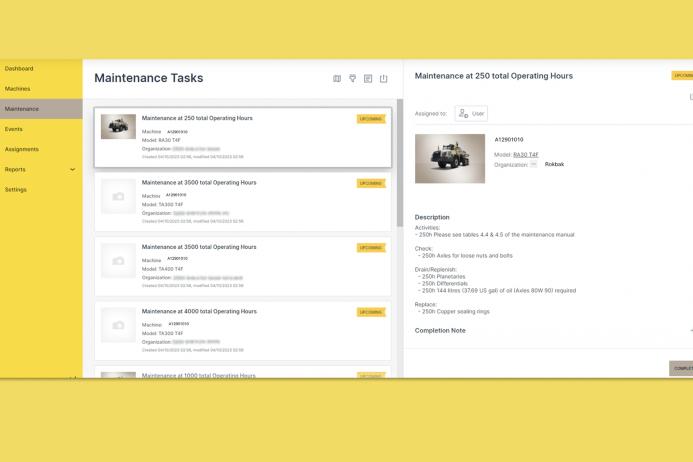 The online Haul Track portal includes a dedicated maintenance section with a list of all machines due for attention and their service requirements