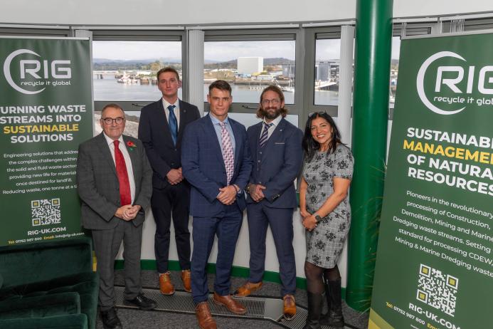 L-R: Tudor Evans OBE, Plymouth City Council leader; Oscar Milverton Gatta, co-founder and chief technical officer of Recycle it Global; Paul Nicholls, co-founder and chief executive officer of Recycle it Global; Julian Chenoweth, co-founder and chairman of Recycle it Global; and Nina Sarlaka, inward investment and enterprise manager for Plymouth City Council