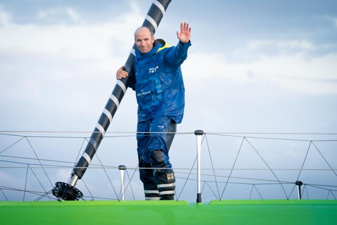 Skipper Nicolas Lunven after crossing the finish line