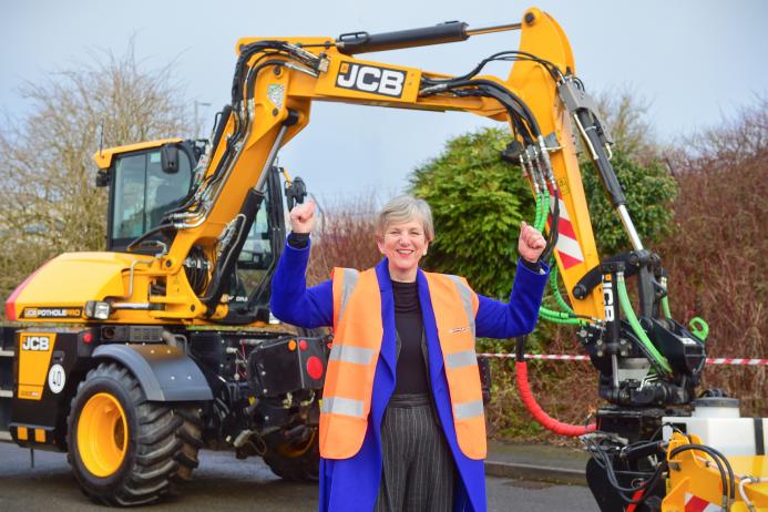 Future of Roads Minister Lilian Greenwood MP with the JCB Pothole Pro