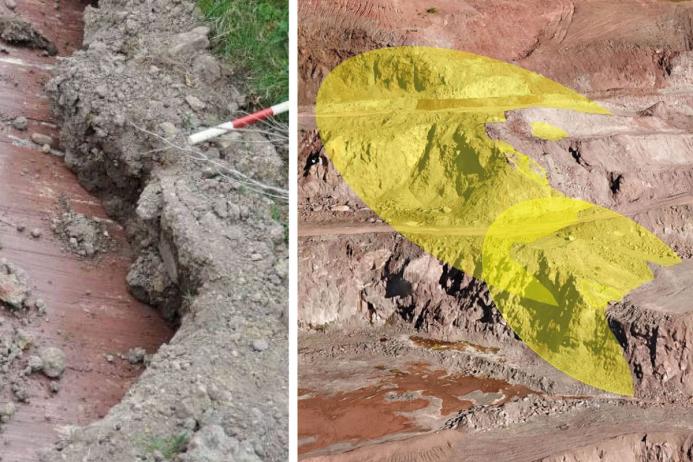 Low shear strength failure plane (left) and projection of persistent weak planes highlighting areas where the quarry design and working methods need to be modified to prevent undercutting (right)