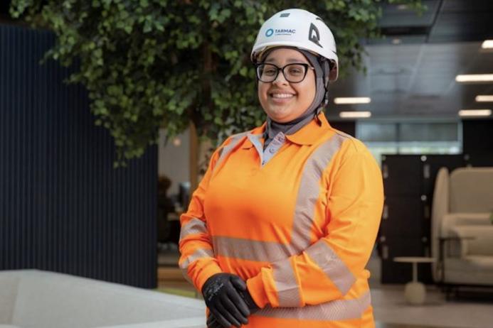 Tarmac’s Amall Saleh wearing the new PPE hijab under her hard hat