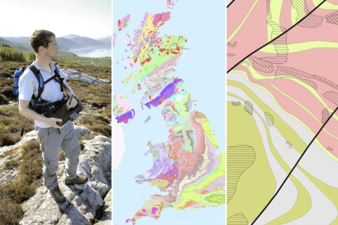 L-R: A BGS geologist mapping in the field; BGS Geology 625K; a sample of BGS Geology 10K. Images: BGS © UKRI 2025