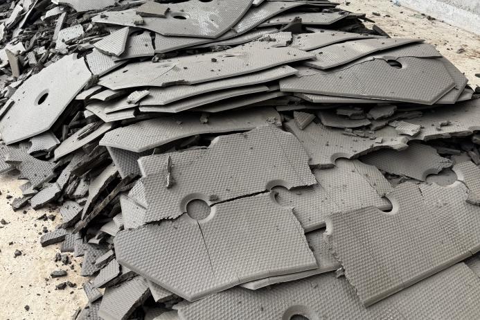 The pressed silt cakes produced by SunAggregates’ new filter press at their site in Thetford