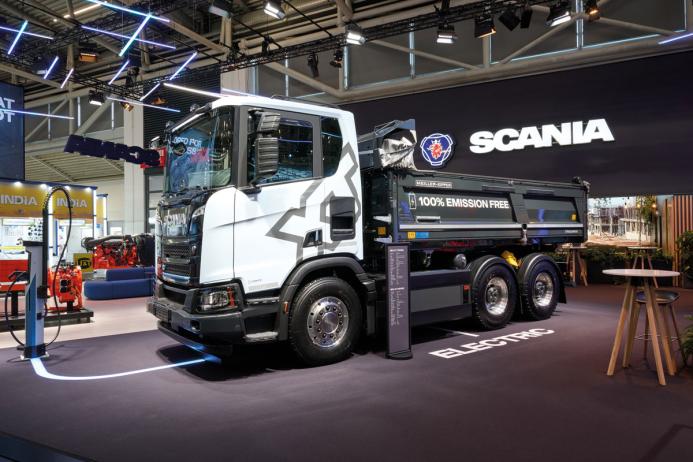 Scania BEV XT Tipper on display at bauma 2025