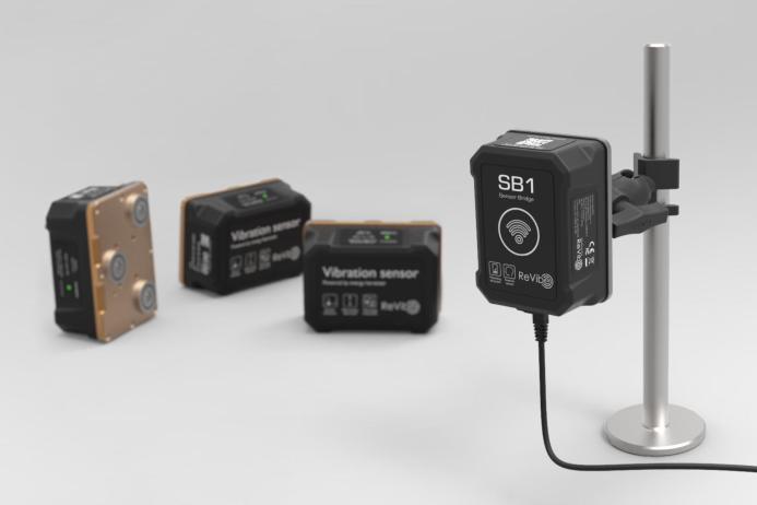 ReVibe Energy’s latest product, the Anura SB1 sensor bridge (right), with Anura VS1 vibration sensors in the background 