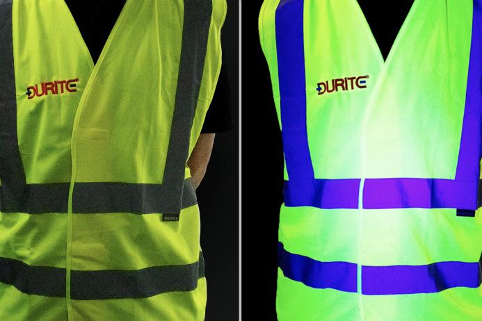 HINVII improves visibility in low-light conditions and enhances safety for on-site personnel. Image shows hi-vis vest in standard amber LED strobing light (left) and with HINVII system in operation (right)