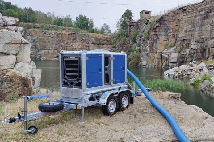 A BBA Pumps BA150E D285 trailer-mounted pumpset in a quarry dewatering application