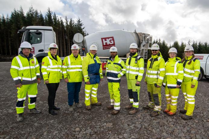 The Mill Rig wind farm project team (L-R): Andrew Grant, mixer driver, Hillhouse Quarry Group; Caroline Woodburn, operations manager - transport and distribution, Hillhouse Quarry Group, Joe Campbell, general manager - concrete, Hillhouse Quarry Group; Scott Lindsay, general foreman, RJ McLeod; Shakthivelu Thanghavel, project manager, RJ McLeod; Peter Gallagher, sub agent, RJ McLeod; Kevin Mapes, head engineer, RJ McLeod; Emilia Zalupska, graduate engineer, RJ McLeod; and Christin Stewart, engineer, RJ McLe