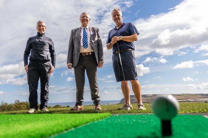 L-R: Greg Fitzmaurice, Hunley Golf Club's general manager, with Scott Bros directors Bob Borthwick and Peter Scott on the newly designed driving range