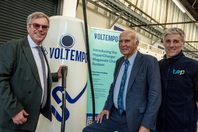 L-R: Michael Boxwell, chief executive officer of Voltempo, Sir Vince Cable, chair of the eFREIGHT 2030 consortium; and David Horsfall, director of property and sustainability at Tyseley Energy Park, celebrate the start of series production for the UK-built Voltempo HyperCharger at Tyseley Energy Park, Birmingham